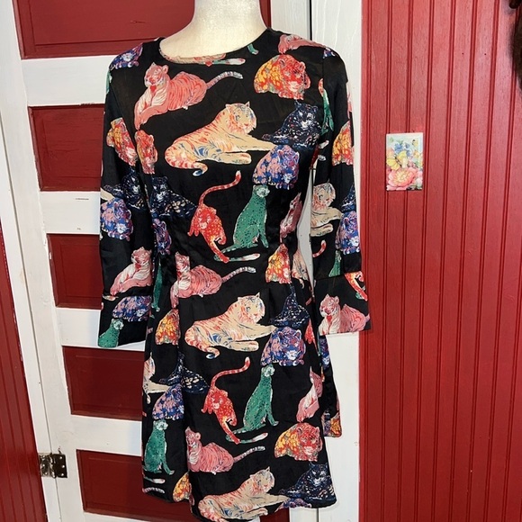 NWT Zara Basic Z1975 Denim Polyester Tiger Cat Dress M - Picture 3 of 12